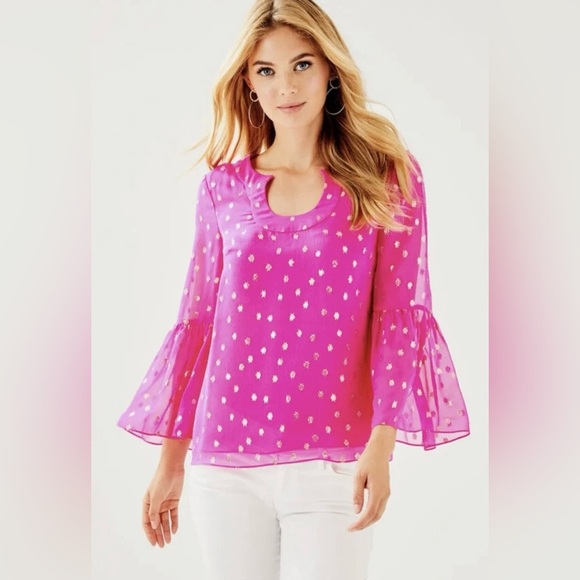 Lilly Pulitzer Amory Starry Clip Silk Chiffon Top Piñata Pink Size M - Picture 1 of 15